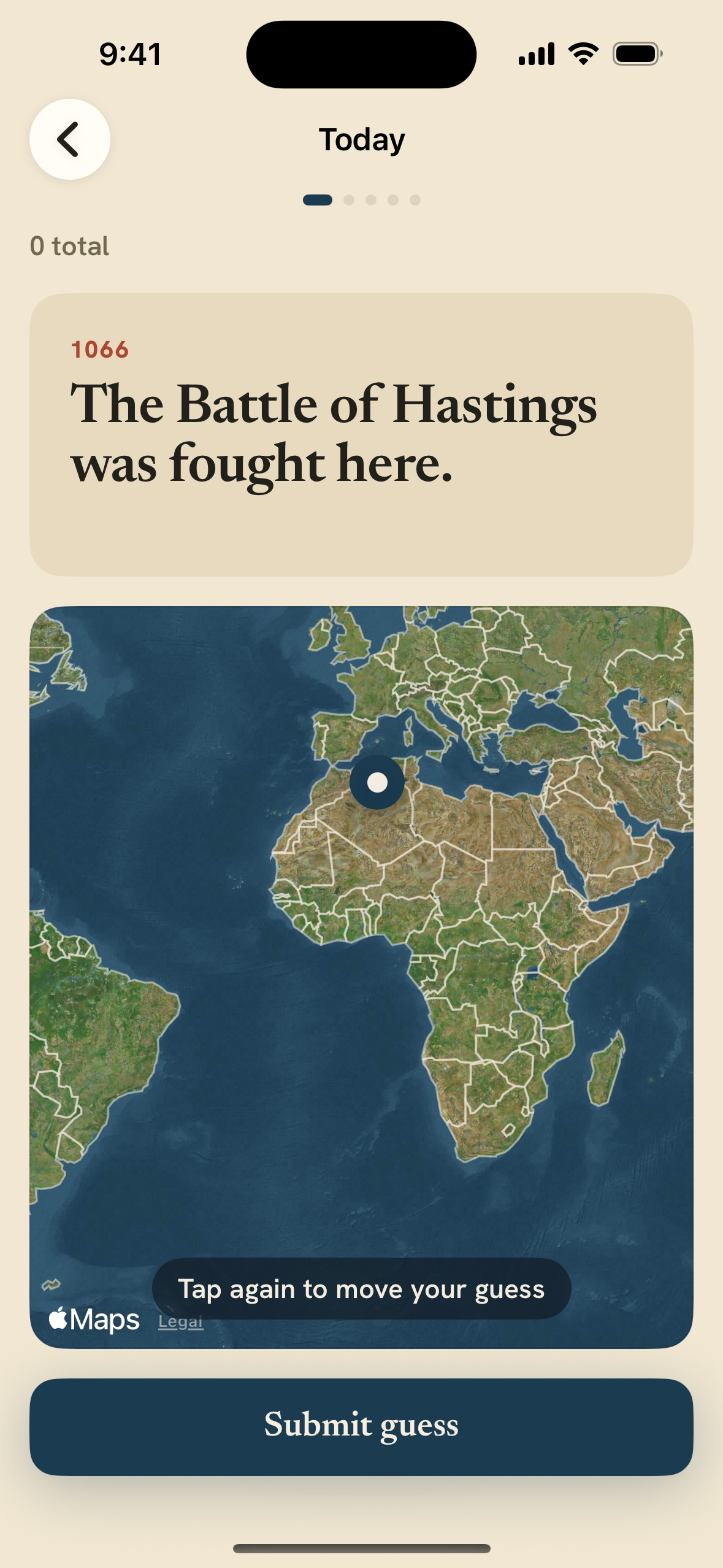 The Whereupon map-guess screen: a historical event prompt above a world map, ready to tap where it happened.