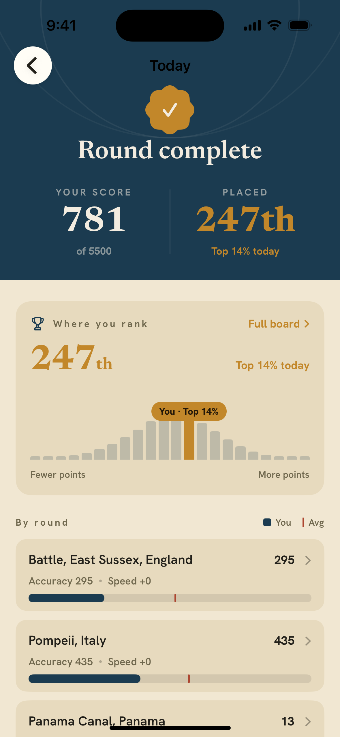 A round result showing the answer location and your score.